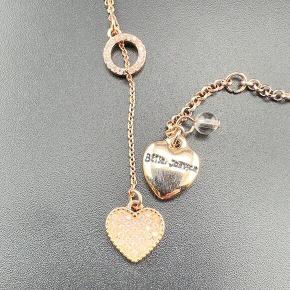 Betsy Johnson Rose Gold Pave rhinestone crystal Heart Lariat Drop Necklace - Picture 4 of 4